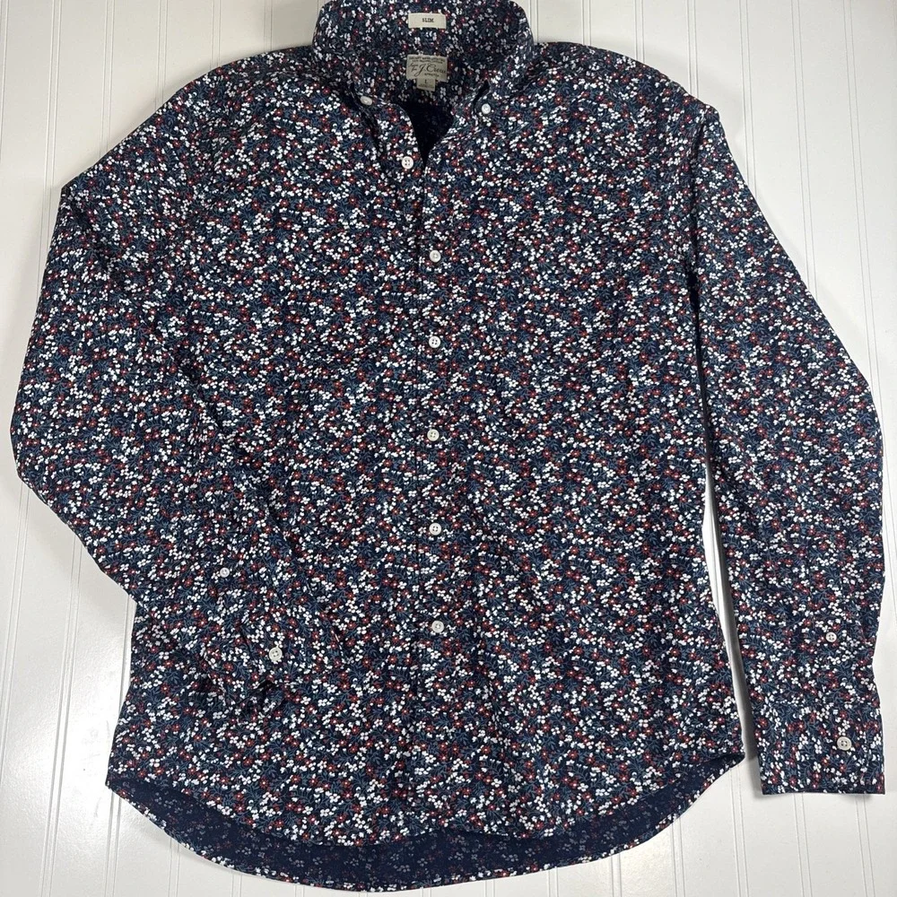 J Crew Secret Wash Organic Cotton Floral Print Shirt Men L Slim Fit Long Sleeve‎